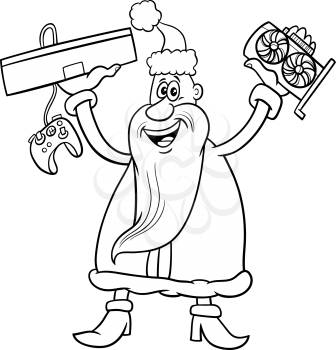 Black and white cartoon illustration of Santa Claus character with graphics card and game console on Christmas time coloring book page