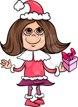 Royalty Free Clipart Image of a Little Girl in a Santa Suit Holding a Gift