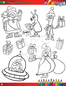 Coloring Book Cartoon Illustration of Black and White Christmas Themes Set with Santa Claus and Alien