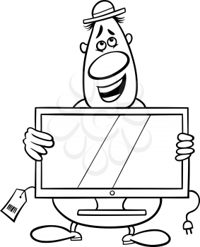Black and White Cartoon Illustration of Funny Salesman or Bagman with Television Set for Coloring Book