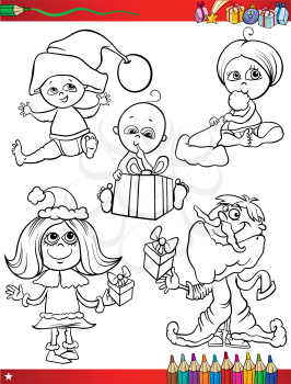Coloring Book Cartoon Illustration of Black and White Christmas Themes Set with Cute Babies and Children