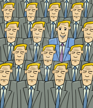 Royalty Free Clipart Image of One Man With a Happy Face Among a Crowd of Sad Ones
