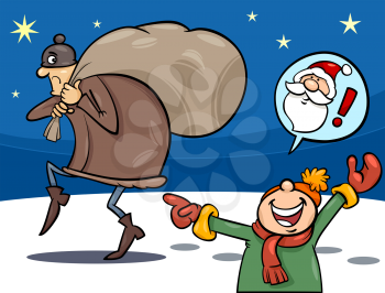 Royalty Free Clipart Image of a Little Boy Who Thinks a Thief is Santa