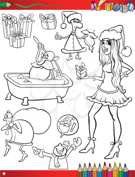 Coloring Book Cartoon Illustration of Black and White Christmas Themes Set with Santa Claus and Pretty Girl