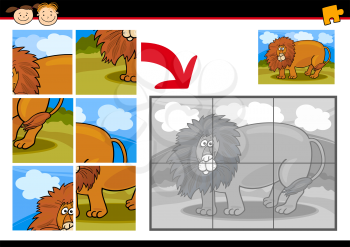 Cartoon Illustration of Education Jigsaw Puzzle Game for Preschool Children with Funny Lion Wild Animal