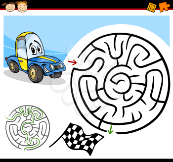 Cartoon Illustration of Education Maze or Labyrinth Game for Preschool Children with Funny Racing Car Character