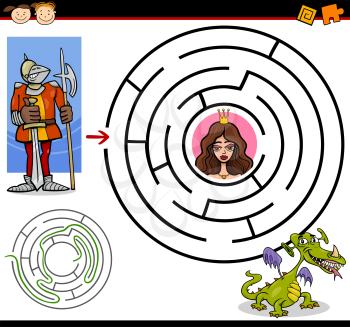 Cartoon Illustration of Education Maze or Labyrinth Game for Preschool Children with Funny Brave Knight and Beautiful Princess