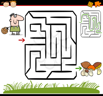 Cartoon Illustration of Education Maze or Labyrinth Game for Preschool Children with Funny Man with Basket and Mushrooms