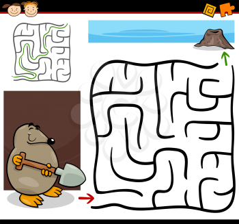 Cartoon Illustration of Education Maze or Labyrinth Game for Preschool Children with Funny Mole with Shovel