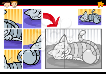Cartoon Illustration of Education Jigsaw Puzzle Game for Preschool Children with Funny Sleeping Cat