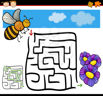 Cartoon Illustration of Education Maze or Labyrinth Game for Preschool Children with Funny Bee and Flowers