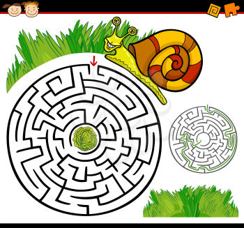 Cartoon Illustration of Education Maze or Labyrinth Game for Preschool Children with Funny Snail and Lettuce or Cabbage