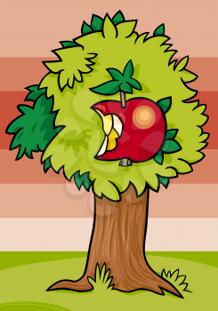 Royalty Free Clipart Image of a Large Eaten Apple in a Tree