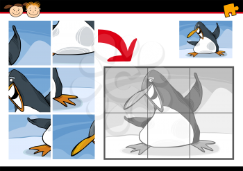Cartoon Illustration of Education Jigsaw Puzzle Game for Preschool Children with Funny Penguin Animal