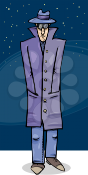 Cartoon Concept Illustration of Man in Hat and Coat Sleuth or Gangster