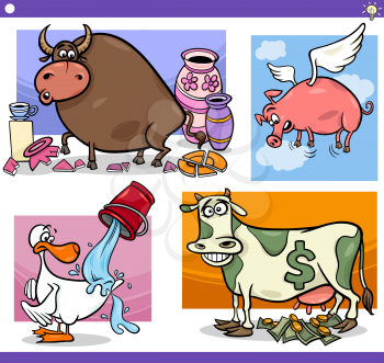 Illustration Set of Humorous Cartoon Sayings or Proverbs Concepts and Metaphors with Funny Animal Characters
