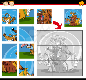 Cartoon Illustration of Education Jigsaw Puzzle Game for Preschool Children with Funny Dogs Group Animals