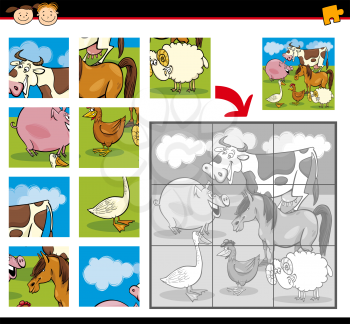 Cartoon Illustration of Education Jigsaw Puzzle Game for Preschool Children with Funny Farm Animals Group