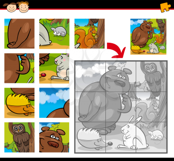 Cartoon Illustration of Education Jigsaw Puzzle Game for Preschool Children with Funny Wild Forest Animals Group