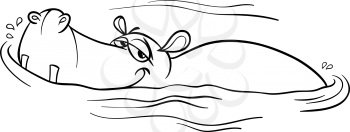 Black and White Cartoon Illustration of Happy Hippo Animal Character or Hippopotamus in the River for Coloring Book