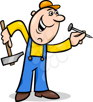 Cartoon Illustration of Worker with Hammer and Nail doing Renovation
