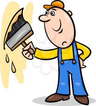 Cartoon Illustration of Worker with Big Brush painting a Wall and doing Renovation