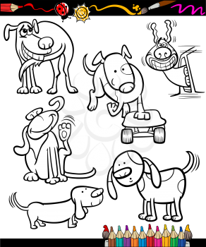 Coloring Book or Page Cartoon Illustration Set of Black and White Dogs Characters for Children