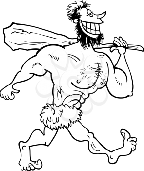 Black and White Cartoon Illustration of Funny Prehistoric Caveman Character for Coloring Book