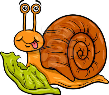 Cartoon Illustration of Funny Snail Mollusk with Lettuce Leaf