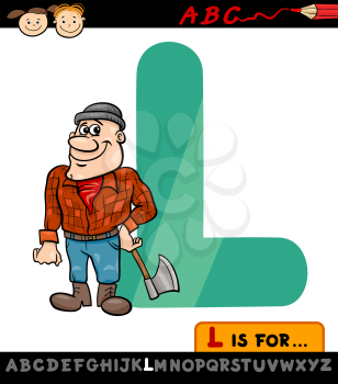 Cartoon Illustration of Capital Letter L from Alphabet with Lumberjack for Children Education