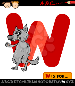 Cartoon Illustration of Capital Letter W from Alphabet with Wolf for Children Education