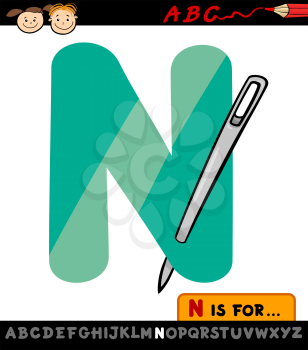 Cartoon Illustration of Capital Letter N from Alphabet with Needle for Children Education
