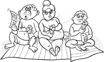 Black and White Cartoon Humor Illustration of Overweight Family on the Beach for Coloring Book