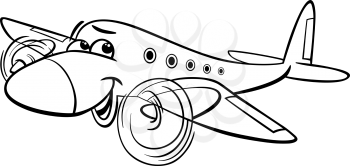 Black and White Cartoon Illustration of Funny Plane Comic Mascot Character for Coloring Book