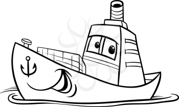 Black and White Cartoon Illustration of Funny Container Ship Comic Mascot Character for Coloring Book