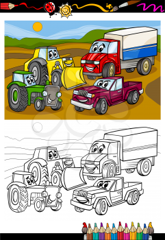 Coloring Book or Page Cartoon Illustration of Vehicles and Machines or Trucks Cars Comic Characters for Children