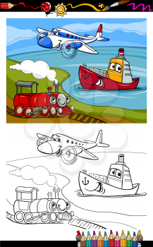 Coloring Book or Page Cartoon Illustration of Cute Plane and Train and Ship Transport Comic Characters for Children