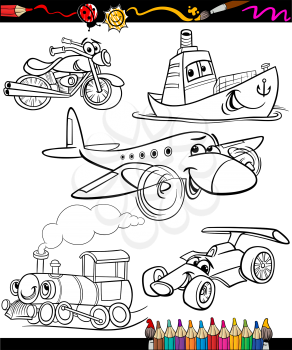 Coloring Book or Page Cartoon Illustration Set of Black and White Transportation or Vehicles Characters for Children