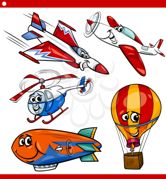 Cartoon Illustration of Aircraft or Air Vehicles like Planes and Balloons Comic Characters Set for Children