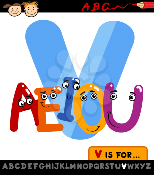 Cartoon Illustration of Capital Letter V from Alphabet with Vowels for Children Education