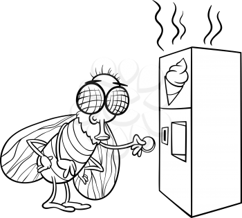 Black and White Cartoon Illustration of Funny Fly and Vending Machine with Poo Snack for Coloring Book