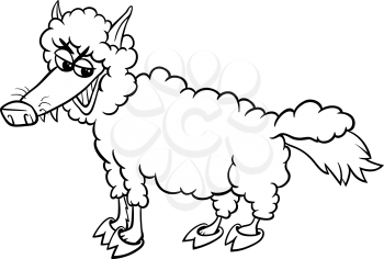 Black and White Cartoon Humor Concept Illustration of Wolf in Sheeps Clothing Saying or Proverb for Coloring Book