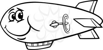 Black and White Cartoon Illustration of Funny Zeppelin Airship Comic Mascot Character for Coloring Book