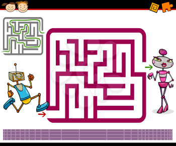 Cartoon Illustration of Education Maze or Labyrinth Game for Preschool Children with Funny Robots Characters