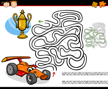 Cartoon Illustration of Education Maze or Labyrinth Game for Preschool Children with Racing Car and Gold Cup