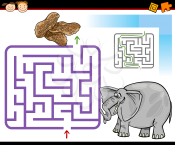 Cartoon Illustration of Education Maze or Labyrinth Game for Preschool Children with Cute Elephant and Peanuts