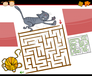 Cartoon Illustration of Education Maze or Labyrinth Game for Preschool Children with Cute Cat and Yarn