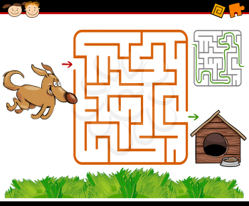 Cartoon Illustration of Education Maze or Labyrinth Game for Preschool Children with Funny Dog and Doghouse or Kennel