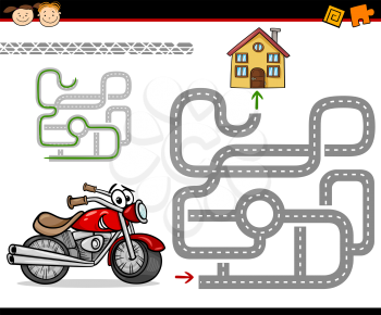 Cartoon Illustration of Education Maze or Labyrinth Game for Preschool Children with Motorbike and Road to Home