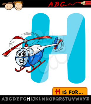 Cartoon Illustration of Capital Letter H from Alphabet with Helicopter for Children Education